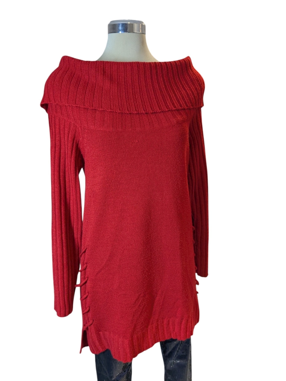 Off-Shoulder Lace-Up Knit Sweater in Red - Picture 5 of 15